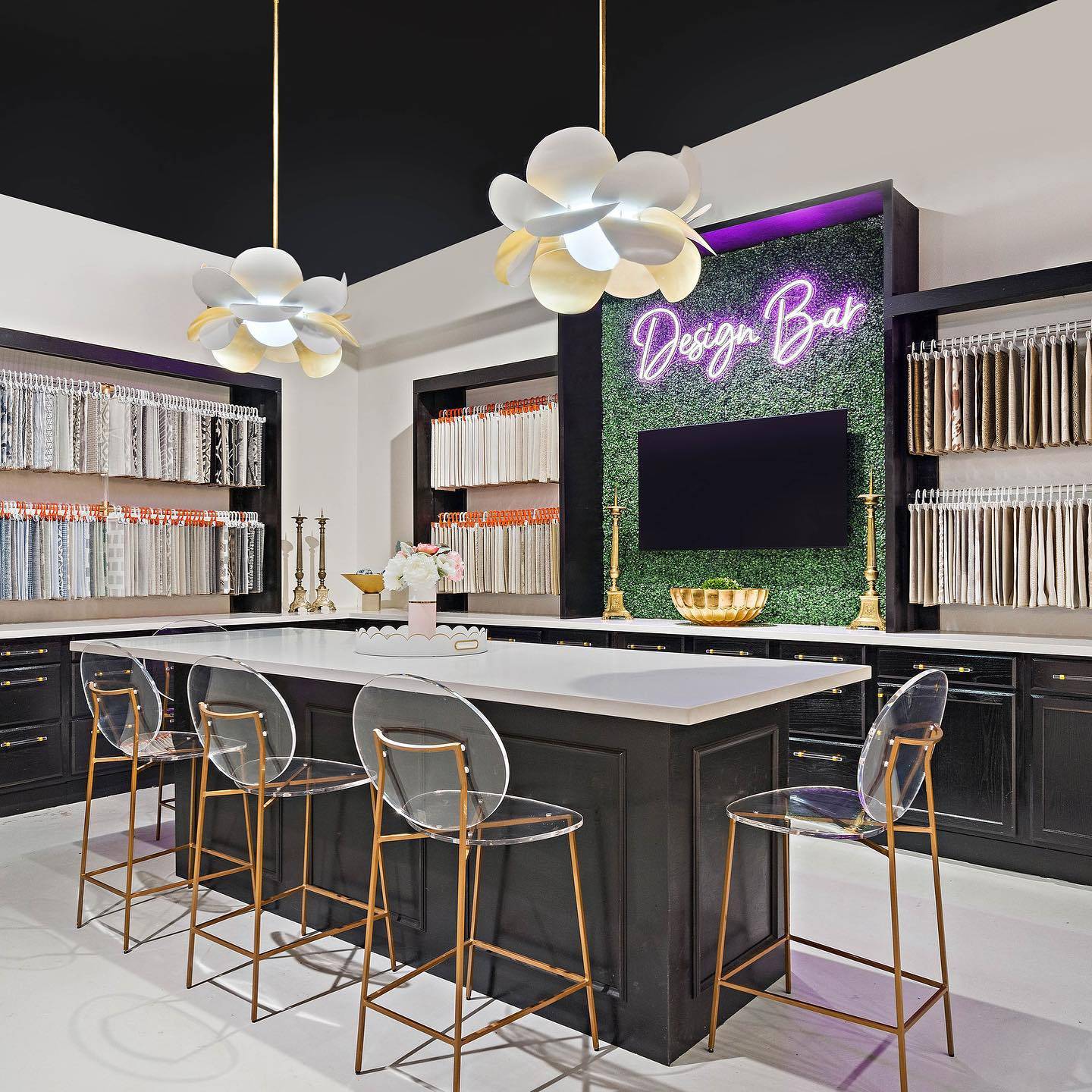 The House of Seven design bar — fabric, trim, and finish samples.