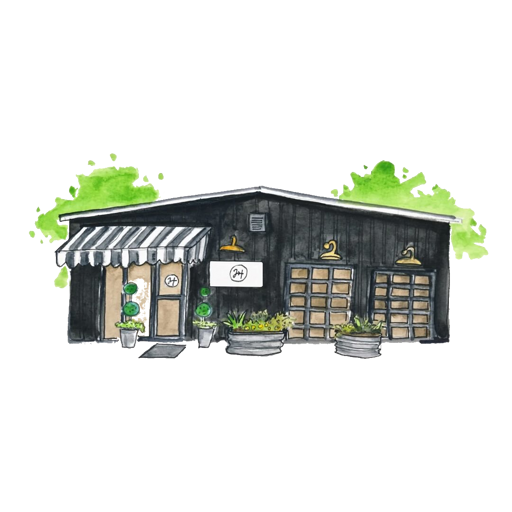 A hand-drawn illustration of the House of Seven storefront in Covington, Louisiana